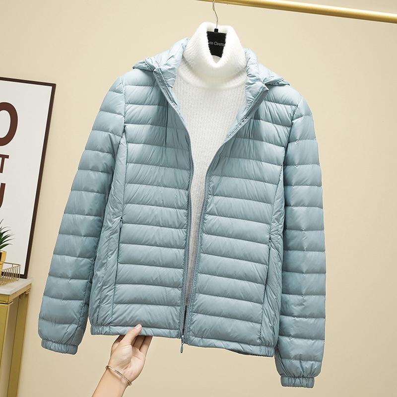 

Женская ультралегкая куртка из пуха белой утки со съемным капюшоном, осенне-зимняя тонкая верхняя одежда для портативного хранения, новинка 2024 года XXXXL светло-синий