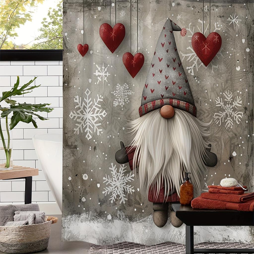 Rideau de douche rétro de Noël avec petits nains et cœurs, lavable, résistant à la saleté, avec pommeau de douche, imperméable, en polyester, rideau de bain