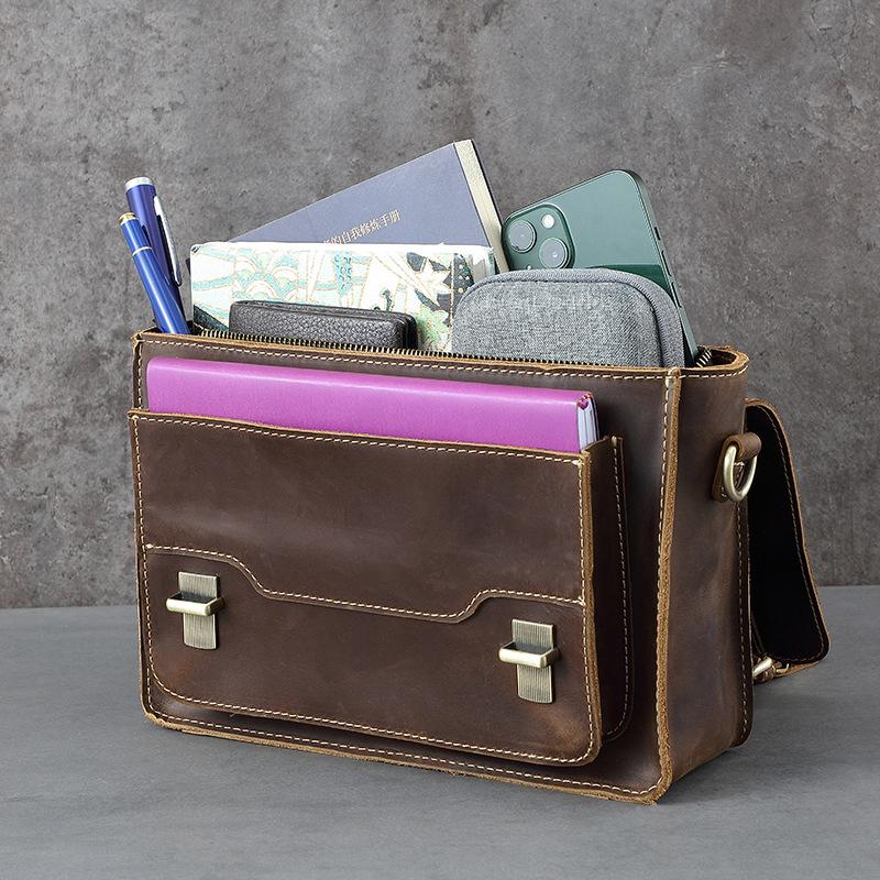 Crazy Horse Head Layered Leather Men's Personalized Postman Bag Men's Single Shoulder Crossbody Magnetic Buckle Small Bag Square Bag Business Handheld