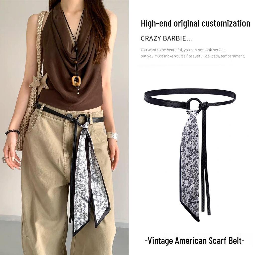 Ziyu Retro American Silk Scarf & Leather Belt with Waist Chain - Women's High-End Jeans Accessory 2025