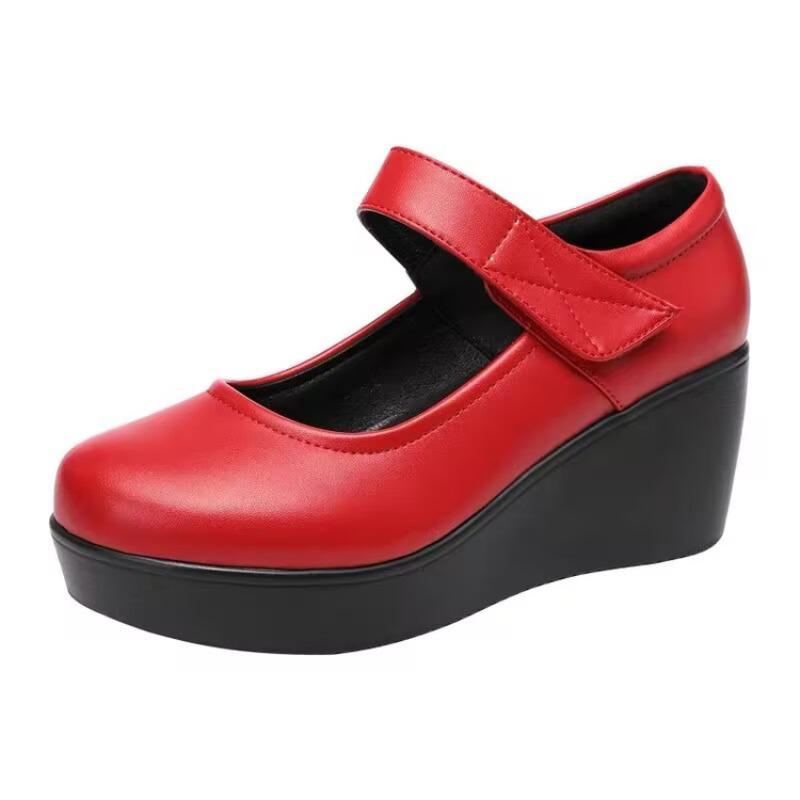 New Women's Thick-soled Single-sole Shoes with A Round Toe, Mid-heel and Soft-soled Wedge Heel