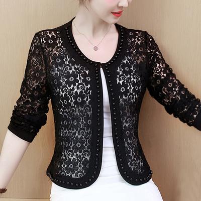 Giacca estiva in pizzo scavato nero bianco da donna manica lunga cardigan con perline giacca corta da donna abbigliamento donna J20