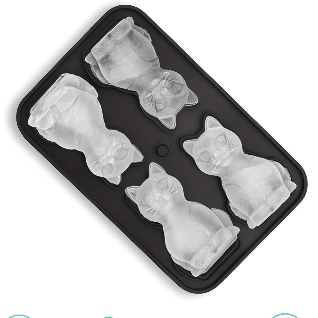 Cat Ice Cube Tray, 3D Silicone Cat-Shaped Ice Mold, 4 Cavity Large Fun Ice Cube Maker for Whiskey Bourbon, Black