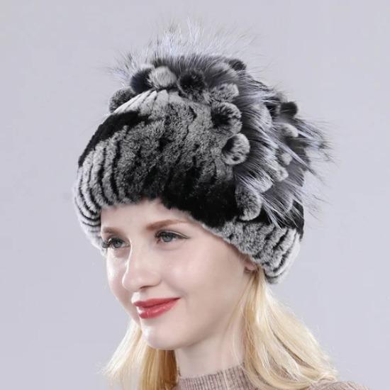 Brand Women Genuine Rex Rabbit Fur Hats Winter Rex Rabbit Fur Beanies Striped Top Flower Fox Fur Warm Real Fur Knit Caps