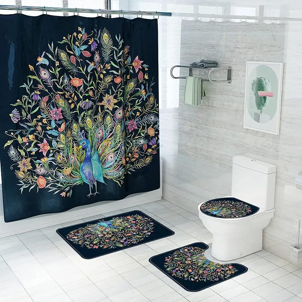 Watercolor Peacock Feather Shower Curtain Set With Rugs Toilet Lid Cover Carpet Bath Mat Bathroom Shower Curtains Set Home Decor