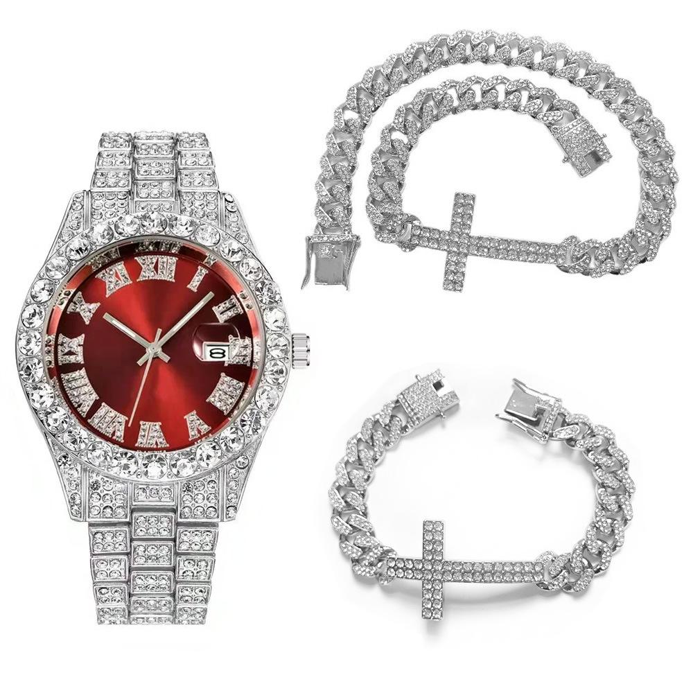 

Хип-хоп Стразы Кубинская цепь и Браслет с крестом Набор в подарок Часы с бриллиантами Watch+Bracelet+Necklace