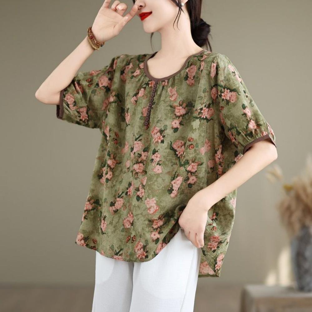 Summer Thin Printed Color Pullover Short Sleeved Shirt Artistic Retro Loose Bubble Cotton Linen T-shirt Top