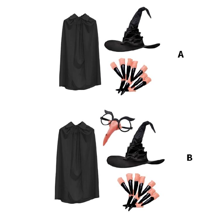 3/4Pcs Witches Witch Costume Accessories Halloween Cosplay Costumes Witches Hat Fake Fingernails Nose Glasses for Adults