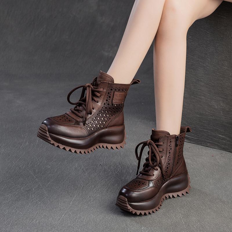 Spring/Summer New Top Leather Sponge Cake Bottom Hollow Martin Boots for Women
