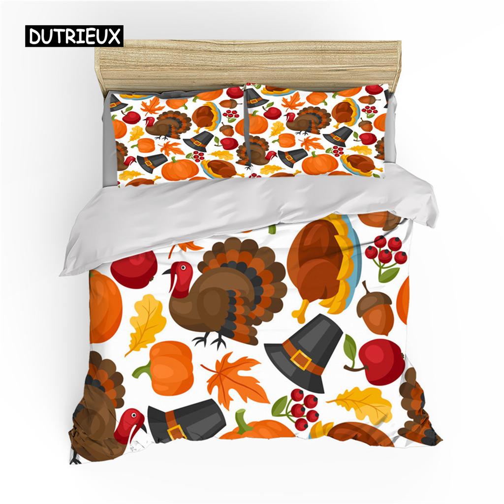 Autumn Thanksgiving Day Duvet Cover King Queen Cartoon Orange Pumpkin Turkey Bedding Set Maple Leaves Soft Polyester Quilt Cover