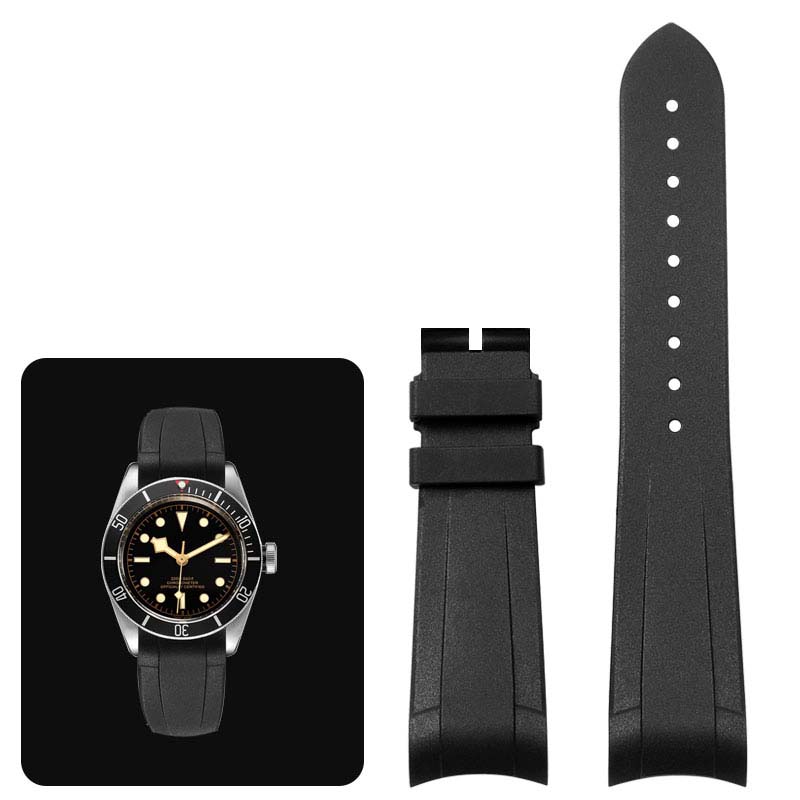 Klasický vysoce kvalitní gumový řemínek se zakřivenými konci pro hodinky Tudor Black Bay GMT s překlápěcí sponou Černý Modrý Červený 22mm Náramek
