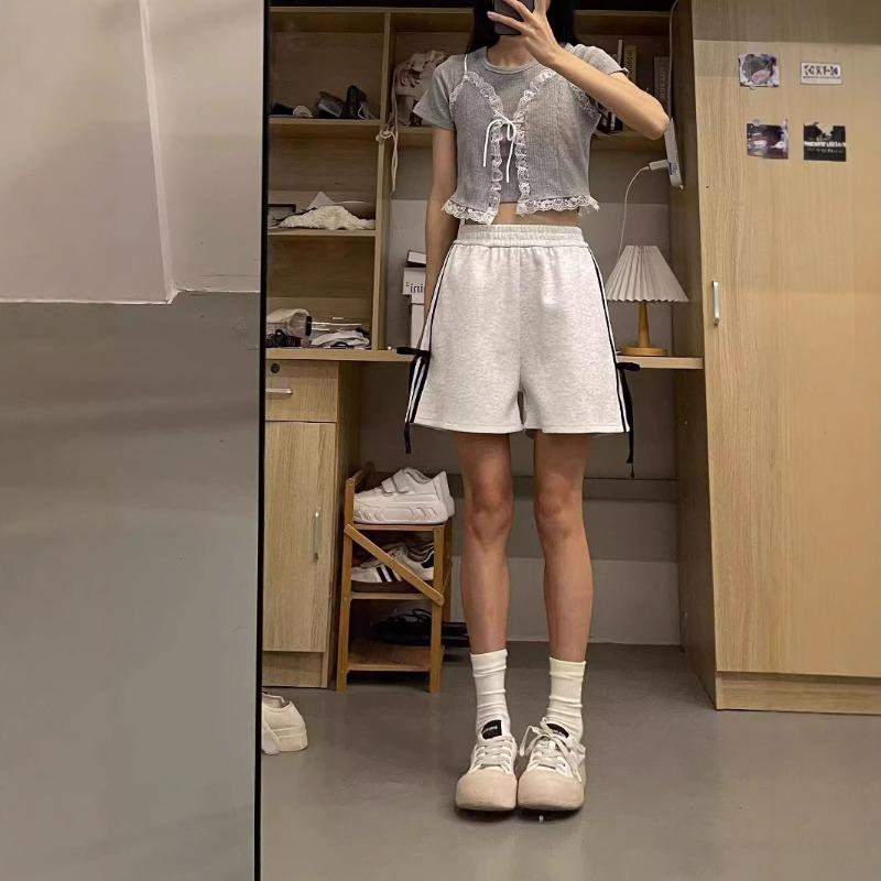 Women's White High-Waisted Sport Shorts - Summer Bow-Tie Design Wide-Leg Mid-Length Shorts
