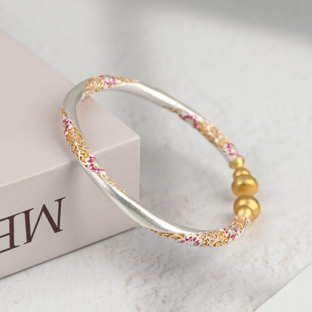 Chinese-Style Retro Colored Enamel Bracelets For Women Flower Pattern Traditional Techniques Luxury Jewelry Gift