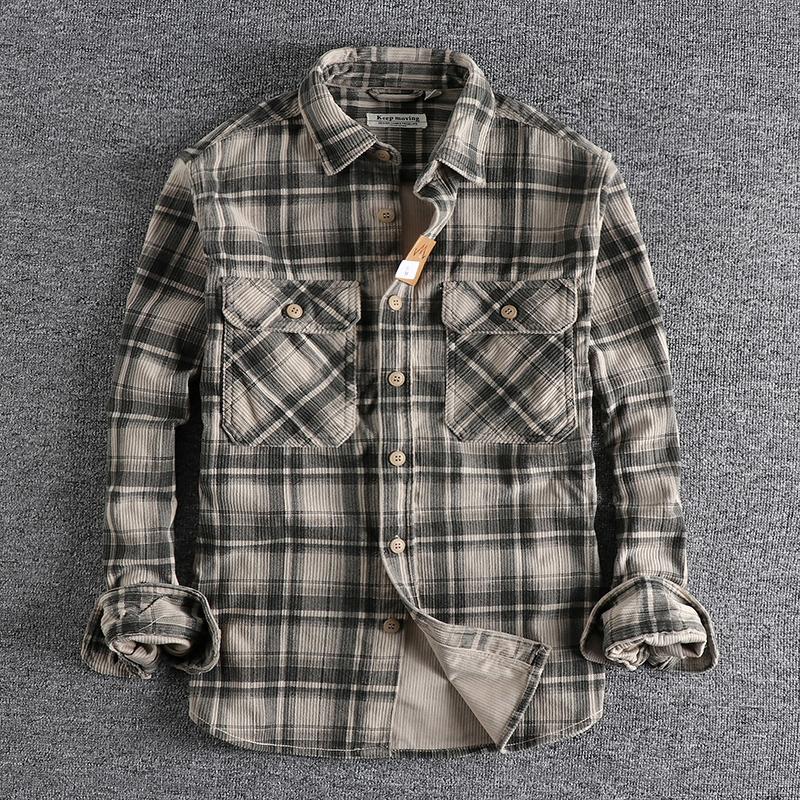 Spring and Autumn Men's Classic Checkered Long Sleeve Shirt Retro Men's Long-sleeved Shirt Washed Corduroy Comfortable Daily Coat