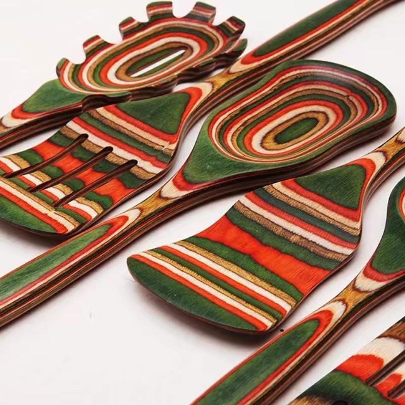 High Temperature Resistant Colored Wood Kitchen Utensils Set Anti-scalding Colander Wooden Anti-mildew Salad Spoon Mixing Spoon Wooden Kitchen Tools