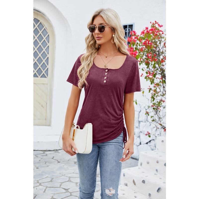 Letní dámské tričko Knoflíček U Neck Volný Stahovací Top Krátký rukáv
