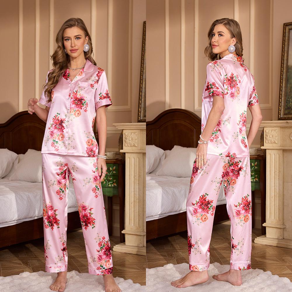 Yaoting Damen Sommer Pyjama Set - Kurzarm, Lange Hose, Modisches Revers, Druckdesign, Lässige Homewear TZ3431