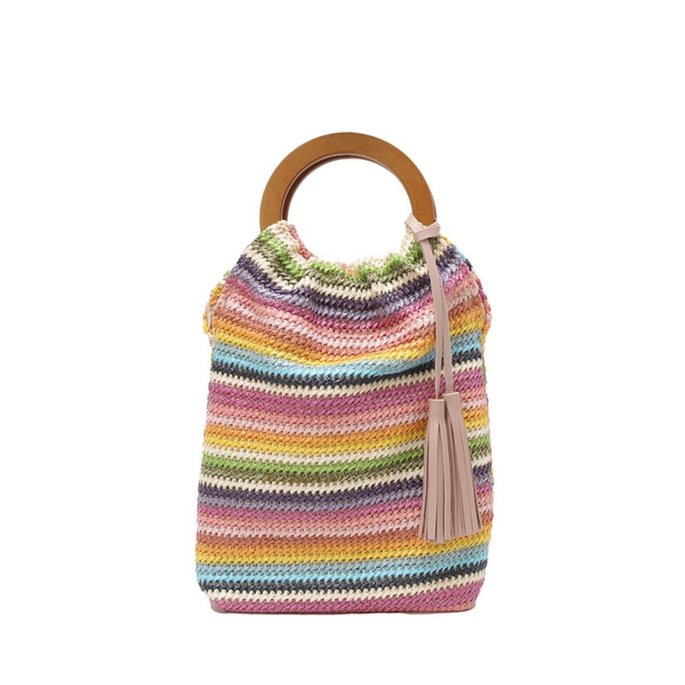 

with Tassel Rainbow Woven Handbag Hollow Out Underarm Bag Casual Summer Bucket Bag Summer розовый