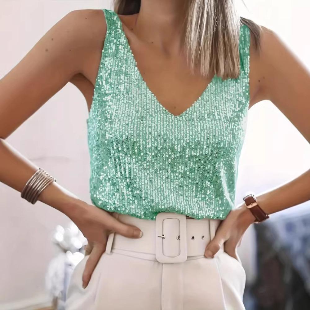 Women's V Neck Sleeveless Sequin Tank Top Straight Fit Elegant Party Cami Top