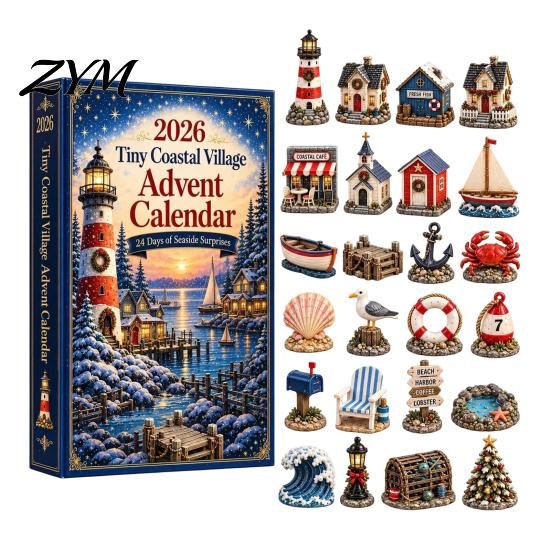 Lustiges Überraschungsspiel Kleines Küstendorf Adventskalender, 24 Tage Weihnachten Countdown Feiertagszimmer Deko Dekoration, Acryl-Anhänger für Kinder A gray