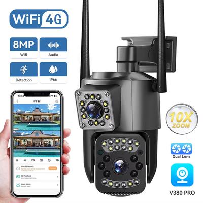 WIFI IP Camera, Dual Lens PTZ 4G Outdoor Network Camera, Alarm, 10x Zoom, Smart Surveillance Security Camera