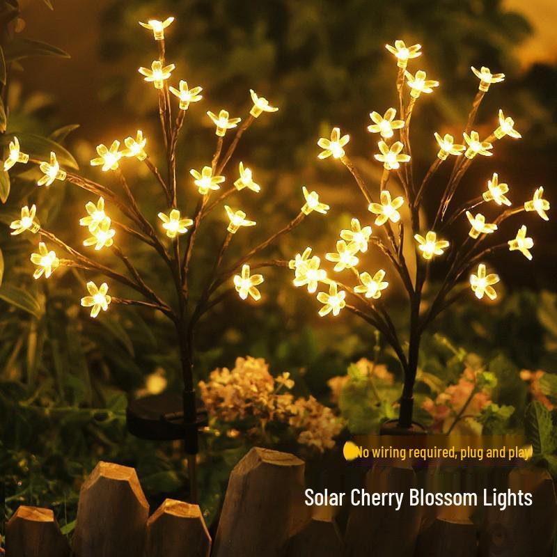 Solar Cherry Blossom Waterproof Outdoor Branch Lawn Lights, Warm Decorative Courtyard Lights for Holidays