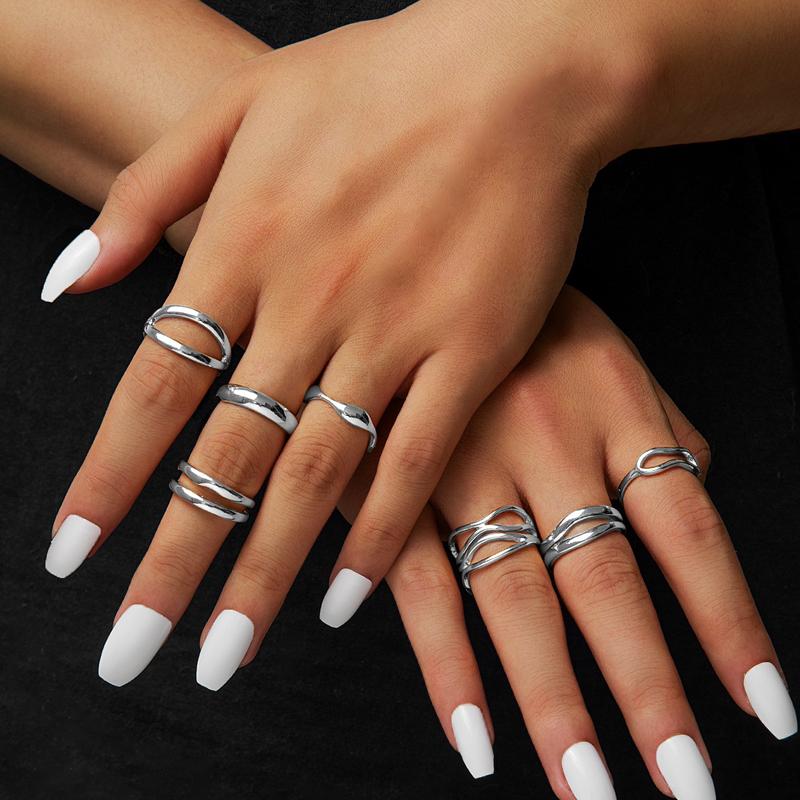 6Pcs/Set 2026 New Brown Stone Widened Opening Rings Set for Women Simple Twisted Lines Personality Finger Rings Party Jewelry