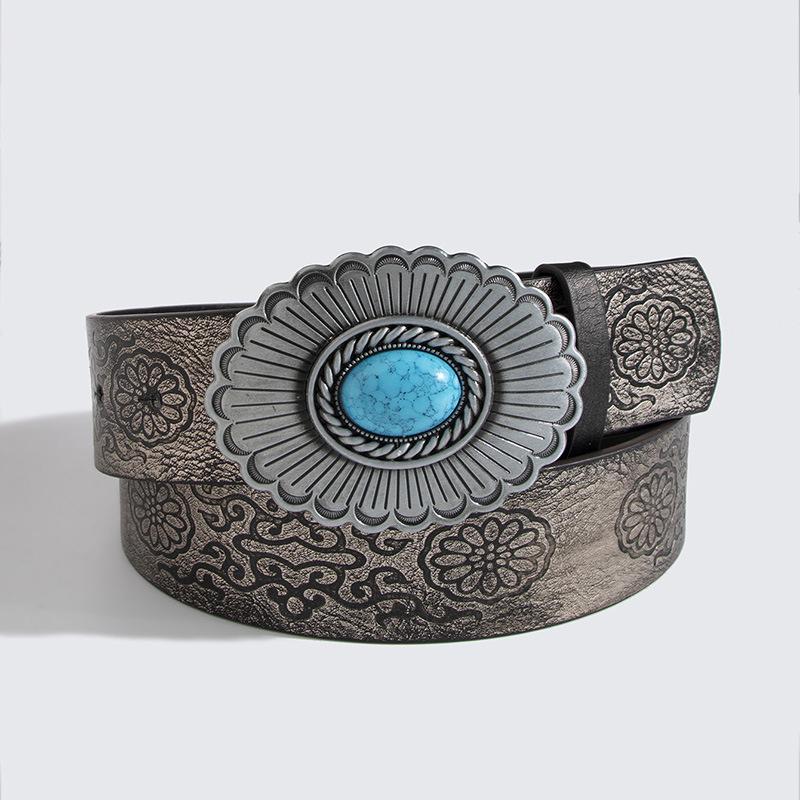 Retro Aged High-quality Heavy Industry Large Gemstone Flower Women's Belt, Fashionable Dark Embossed Hot Girl Women's Belt