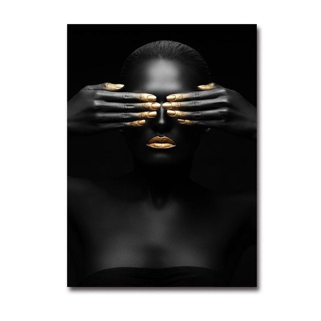 Modern Home Furnishing Black Skin Women Gold Makeup Shape Oil Painting Wall Art Poster Print Bedroom Living Room