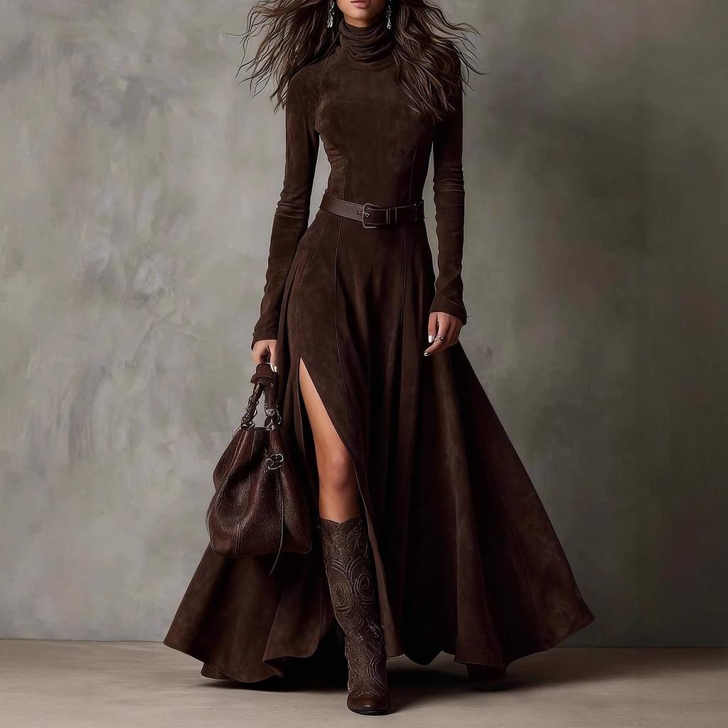Autumn And Winter European And American Style Fashion Temperament Long Dress + Belt