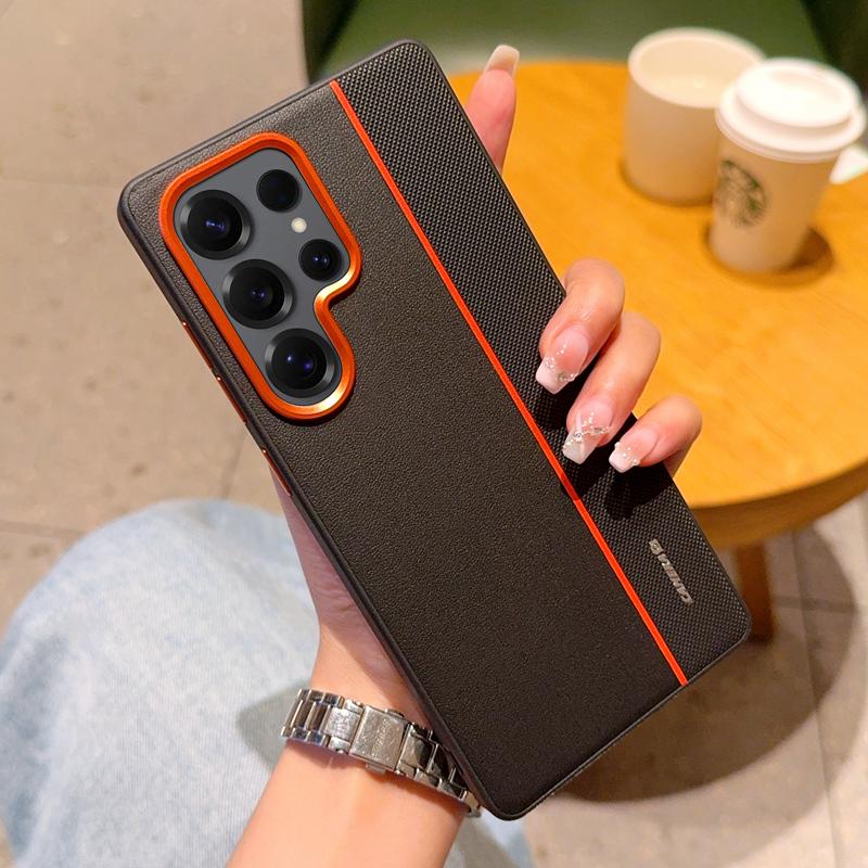 

Для Samsung Galaxy S25 Ultra Чохол Склейка ПК+Шкіра ПУ Задня кришка телефону з металевим кільцем для об єктива/кнопками Black