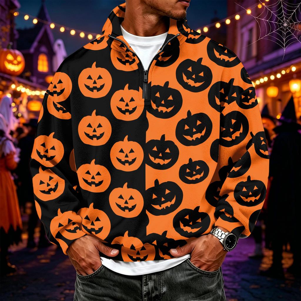 Men's Flannel Quarter-Zip Long Sleeve Pullover Hoodie with Halloween Print