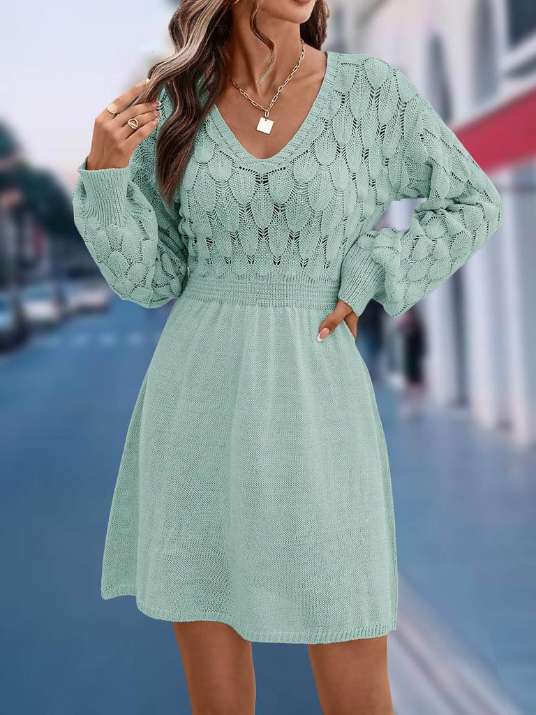 Scale Pattern 3D Knitted Dress New V-Neck Beach Dress A-Line Long Sleeve Dress