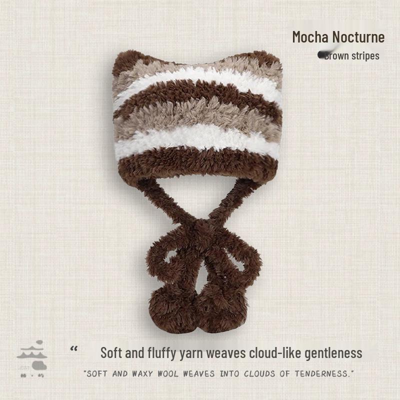 Korean Style Cat Ear Earmuff Hat - Cute, Warm, Dual-Use, Knitted Slouchy with Color Block Stripes