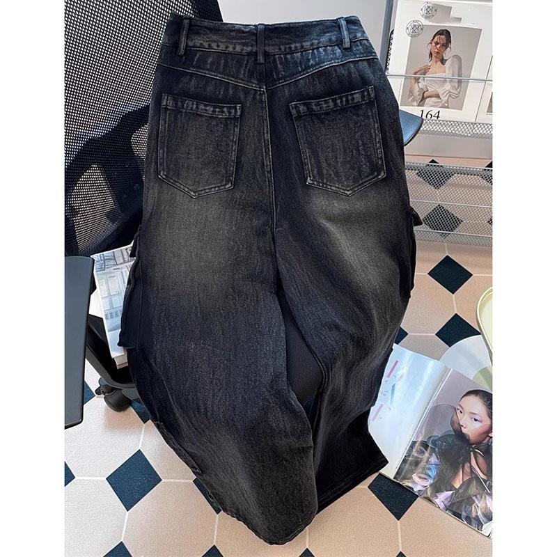 High-quality Vintage Loose Wide Leg Pants Big Pocket Black Denim Cargo Pants Female Casual Streetwear Jeans Trousers for Women