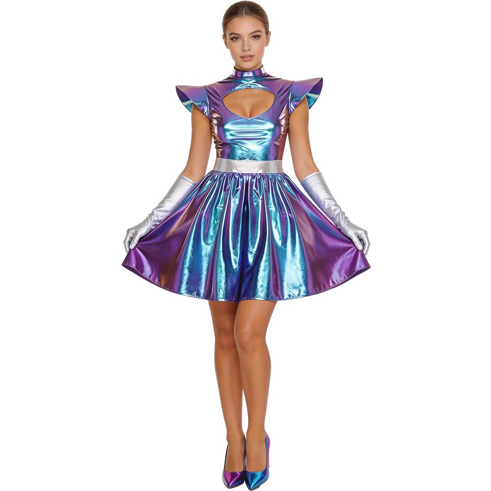 Women s Metallic Astronaut Alien Space Costume with Gloves Adult L