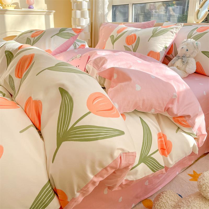 100% Cotton Bedding Four-piece Set, Skin-friendly and Breathable Quilt Cover, Bed Sheet Pillowcase Set