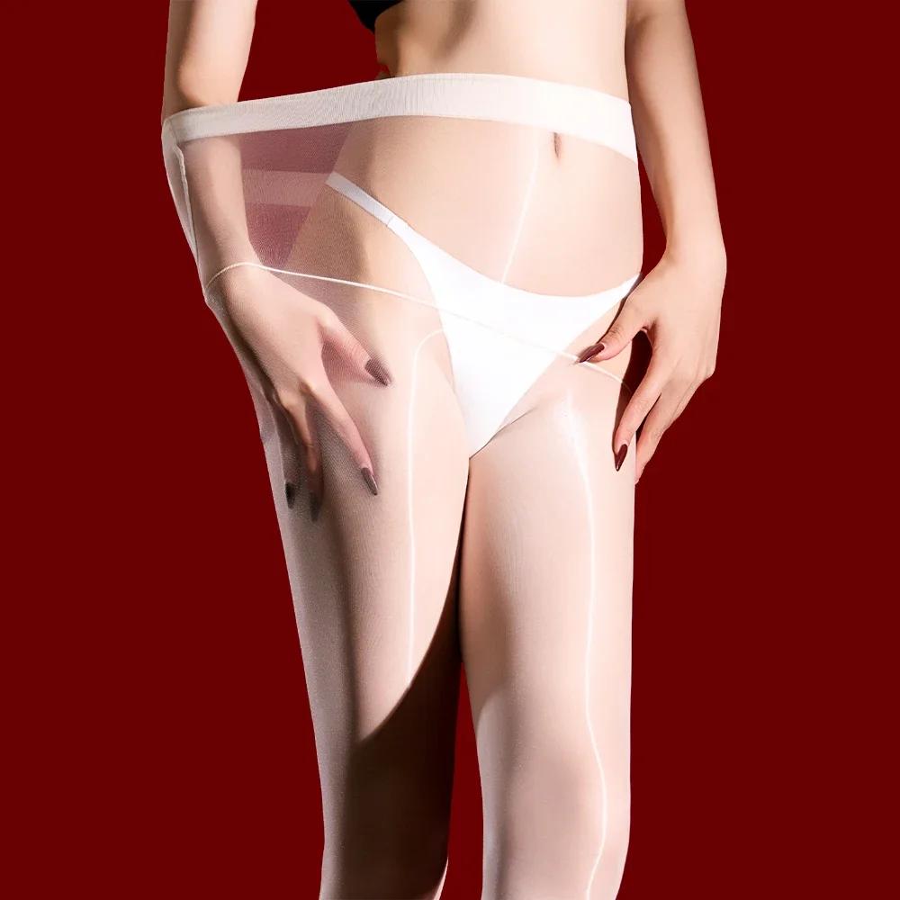 Women 1D Thin Open Crotch Seamless Pantyhose Oil Shiny Elastic Tights Yoga Shaping Maid Stocking Slim Leggings Plus Size