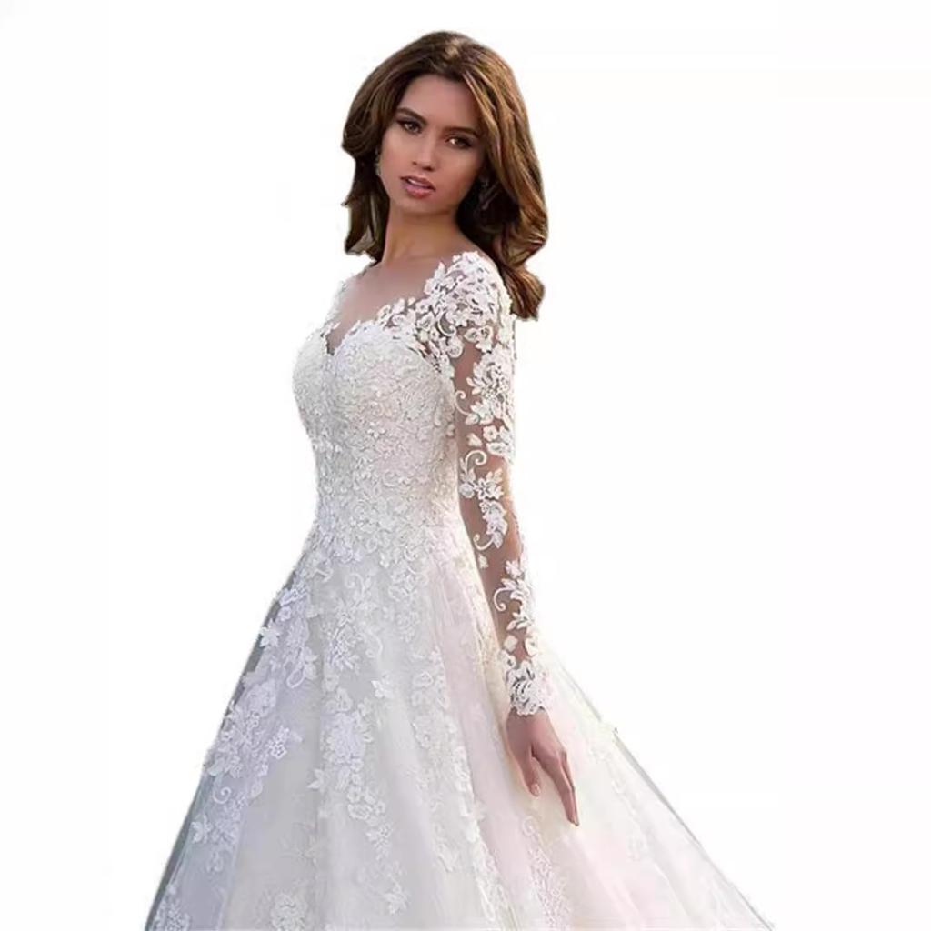 Women Long Sleeve Lace Wedding Dress V-Neck A-Line Tulle Bridal Gown Formal Evening Maxi Dress