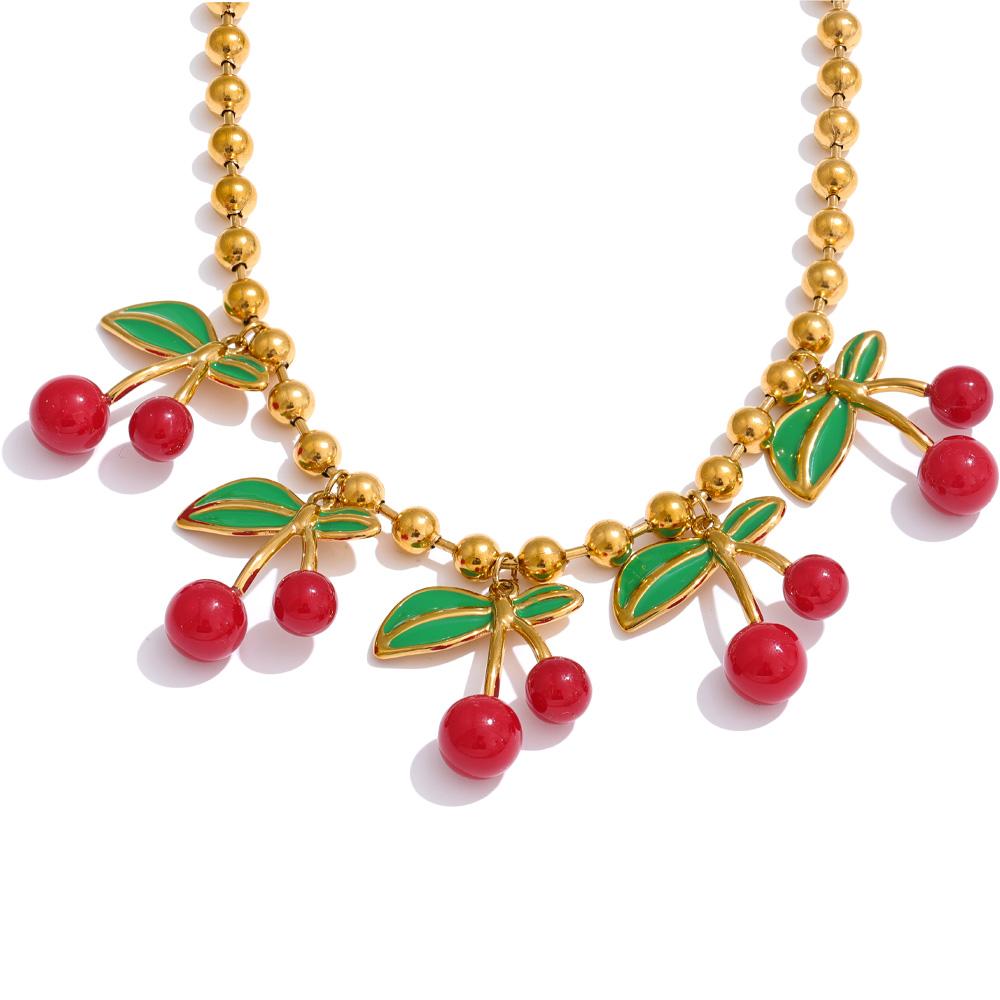 

Yhpup Hot Style Enamel Sweet Cherry Drop Necklace Stainless Steel Chain Fashion Waterproof Gold Color PVD Plated Jewelry