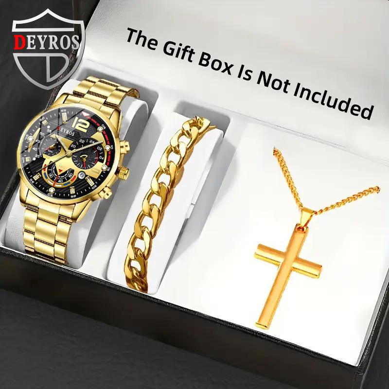 Watch Accessories Three-Piece Men S Watch Gold Steel Belt Men S Bracelet Necklace Quartz Watch