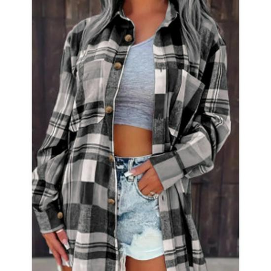 2024 Women's Pink Plaid Loose Long Sleeve Shirt Jacket