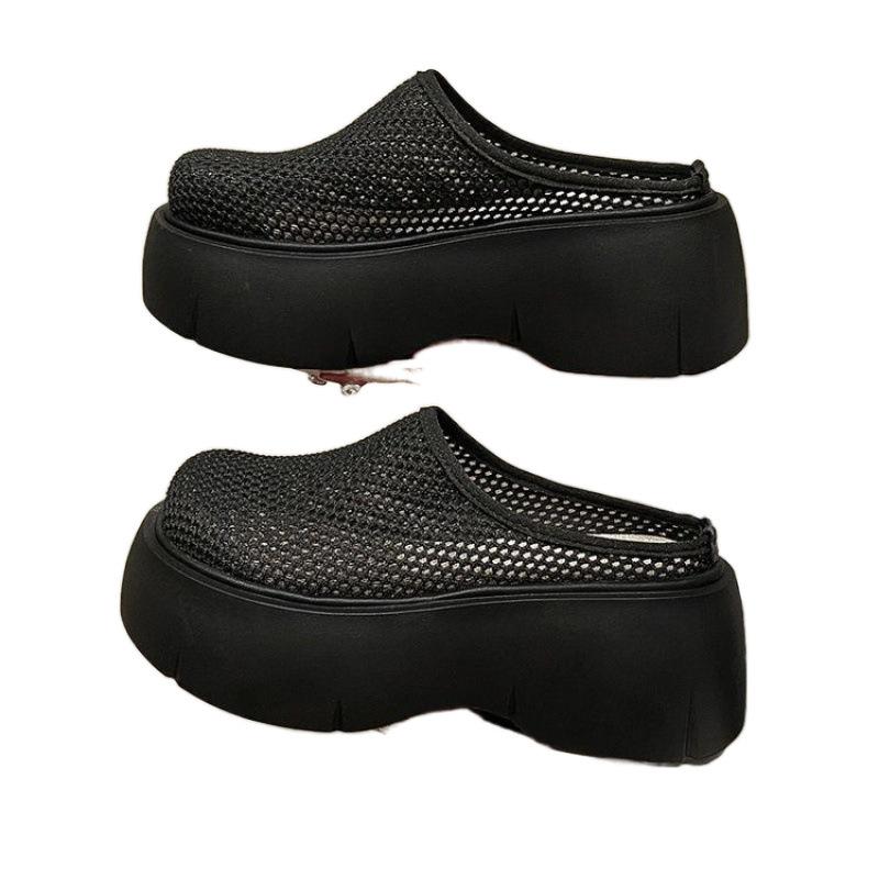 Thick-bottomed bag head half slippers women's 2025 new summer outer wear hollow mesh small height-increasing muffin slippers