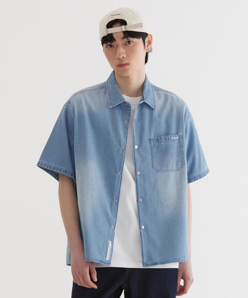 COVERNAT Washed Denim Half Shirt Light Blue