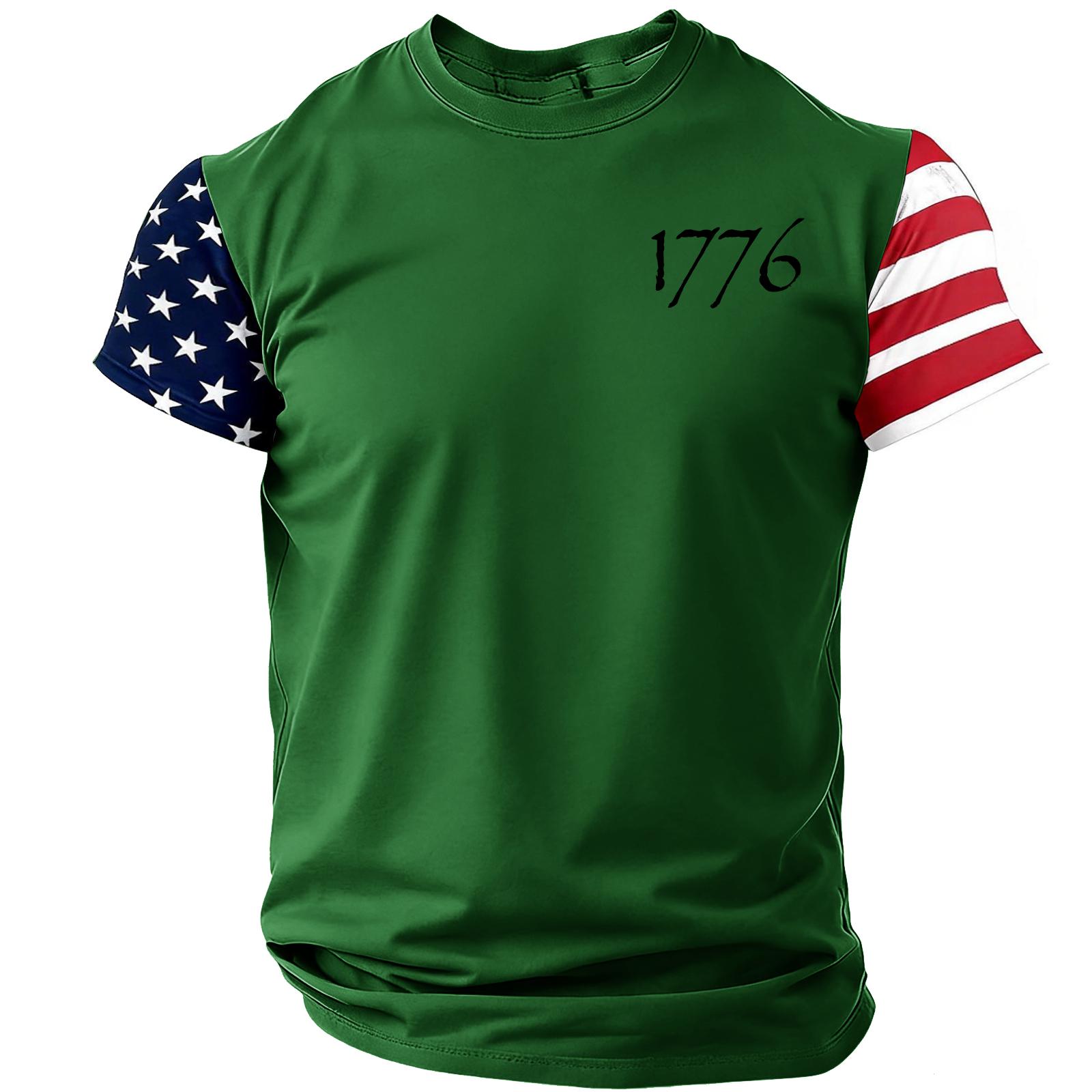 

Men Crew Neck Short Sleeve T Shirt with 1776 Print and Flag Pattern Sleeves Suitable for Daily Wear S