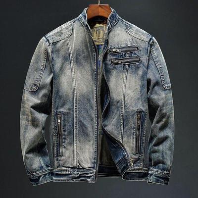 Herren-Jeansjacke im Retro-Stil mit Stehkragen und schwerem Reißverschluss – leichter, luxuriöser europäischer Frühlings-/Herbststil
