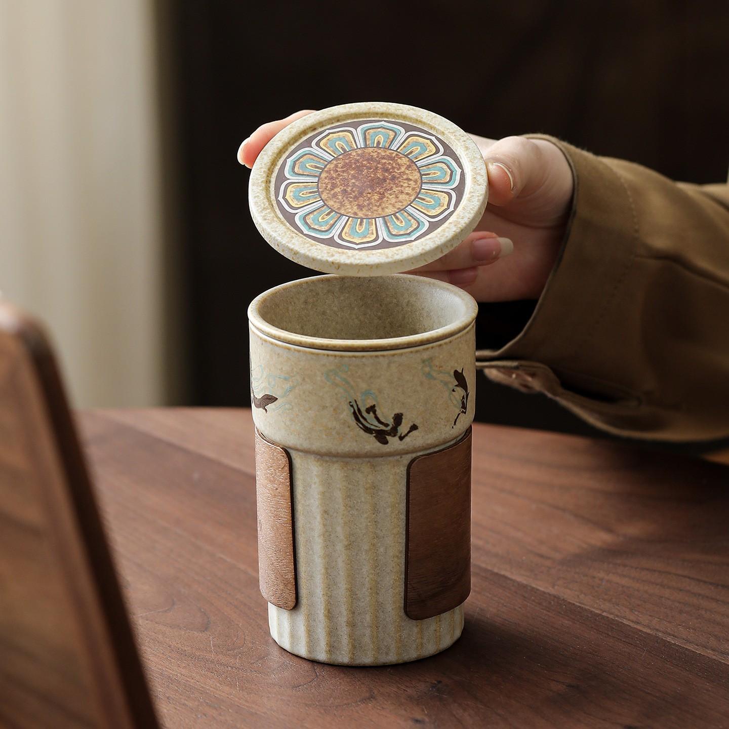 

Porcelain Tea Infuser Cup with Lid, Ceramic Tea Mug with Porcelain Strainer for Loose Leaf Teas Travel Tea Cup Jananese Style 301-400ml