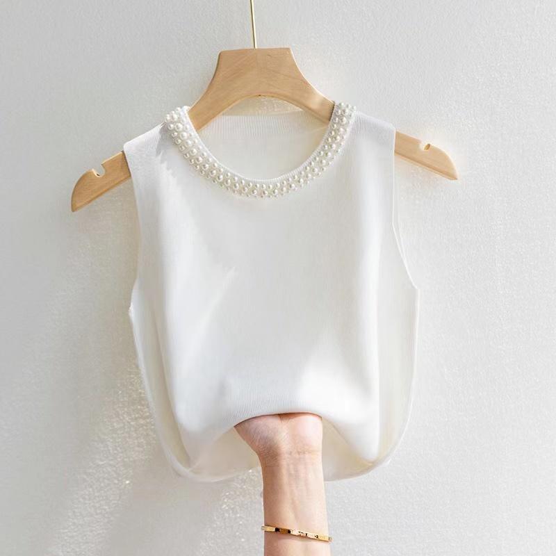 Korea Pletené vesty Dámský top Jednobarevné tílko Blusas Léto Nová móda Dámské bez rukávů Korálkování Ležérní Tenké topy