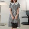 ZANZEA Women Casual Lace Splice Doll Collar Short Sleeve Plaid Print Dress