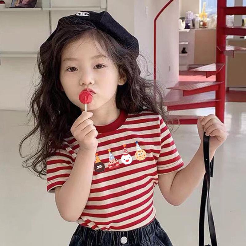 Girls Summer Cotton Striped Short Sleeve T Shirt Cartoon Print Round Neck Top Casual Base Layer Tee